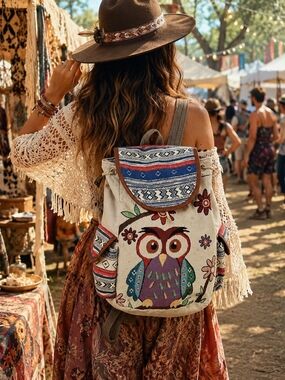 Boho Owl Canvas Backpack Tribal Print Festival Cottagecore Bookbag Travel